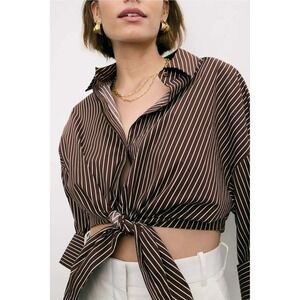 Staud Womens Brown White Pinstripe Cropped Tie Front Button Down Shirt Size XS